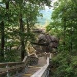 The Grotto, the Subway and  Pulpit Rock, longtime favorite features at Chimney Rock at Chimney Rock State Park were reopened in the spring of 2015   after undergoing construction to bring them to state standards. Here, a view of the newly completed stairs to the   features that lead off of the Outcroppings trail. Photo by Shannon Quinn.