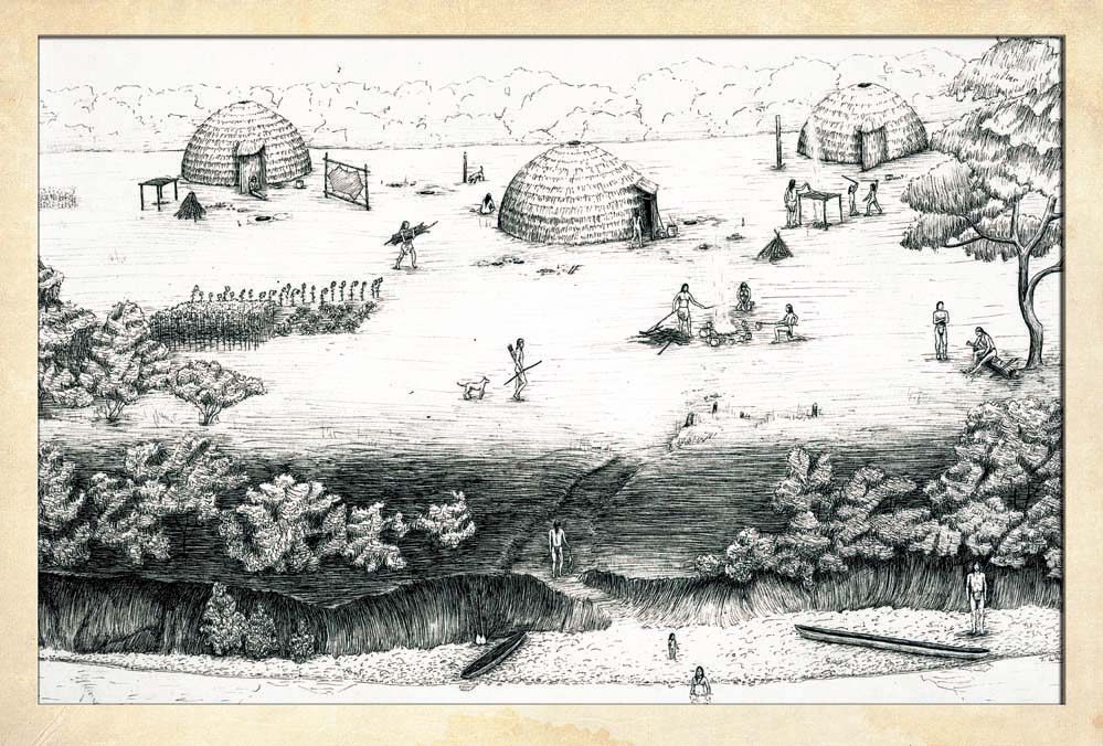Illustration of typical Cherokee village, Woodland period settlement, ca. A.D. 350. Villages such as these were located throughout the Southern Appalachian mountains.Drawing by Thomas R. Whyte.Courtesy McClung Museum of Natural History and Culture, University of Tennessee, Knoxville.